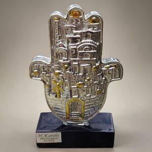 H. Karshi Sterling Silver Jerusalem Hamsa Hand On Pedestal